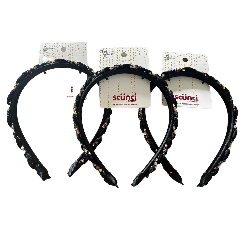 Scunci Headband Chain & Crystal Black Styling Hair Band‎ Lot Of 3 Elegant! New!